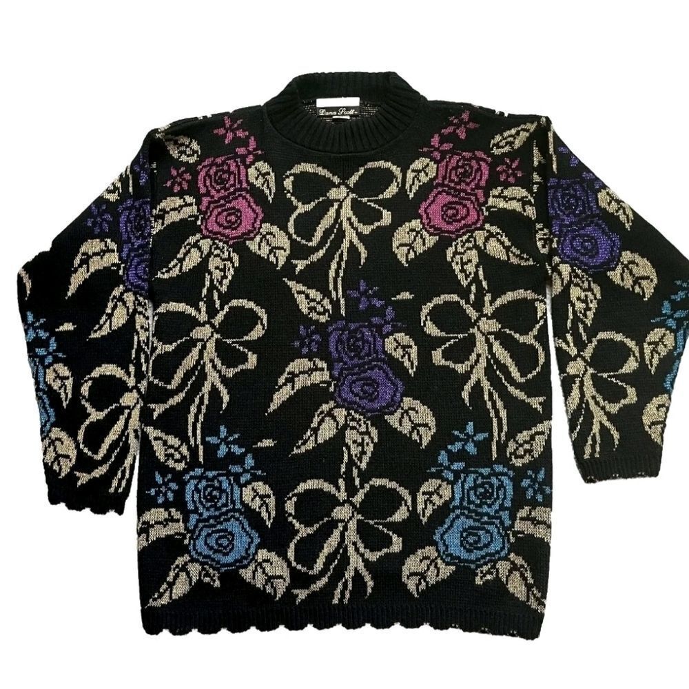Vintage Dana Scott Floral Bow Metallic Lurex Knit Sweater Black Pink Medium USA